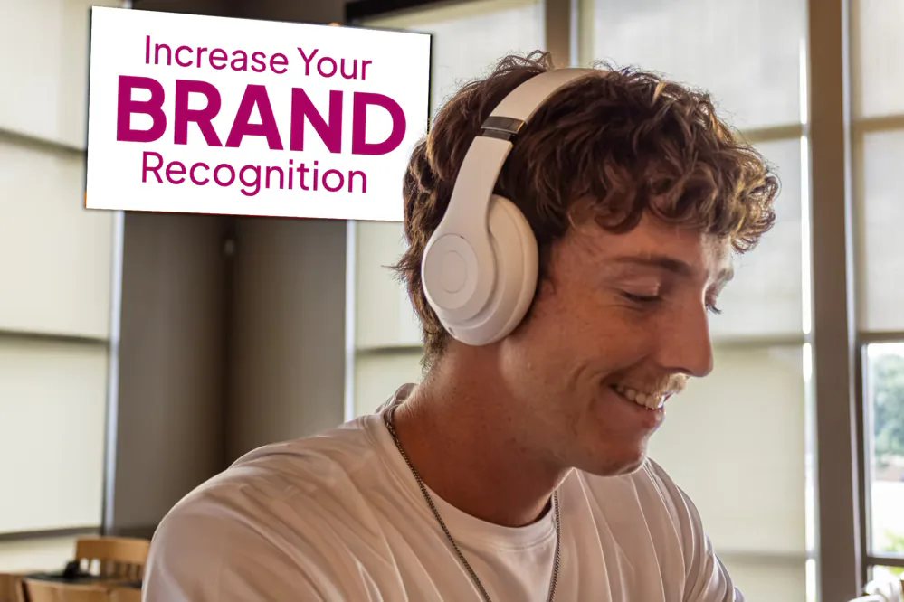 Listener wearing headphones beside an "Increase Your Brand Recognition" audio ad graphic